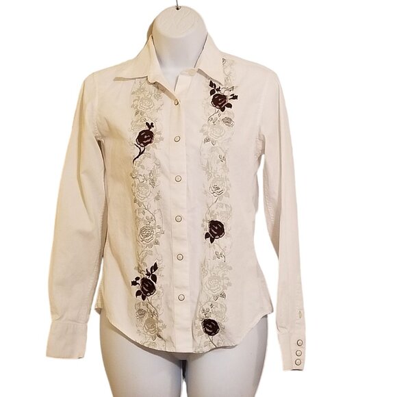 Brooks And Dunn Panhandle Slim Shirt Womens XS Long Sleeve Floral Embroidered Pe - Picture 3 of 15